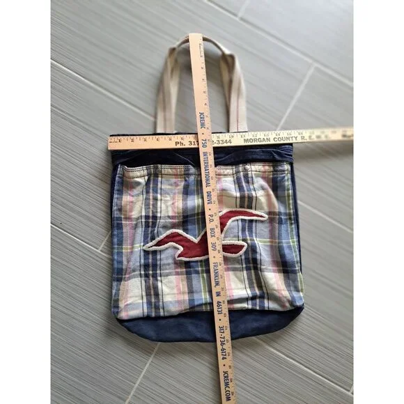 Hollister Blue Canvas Plaid Tote Bag With Red Logo & Cream Straps Y2K Preppy - Picture 7 of 8